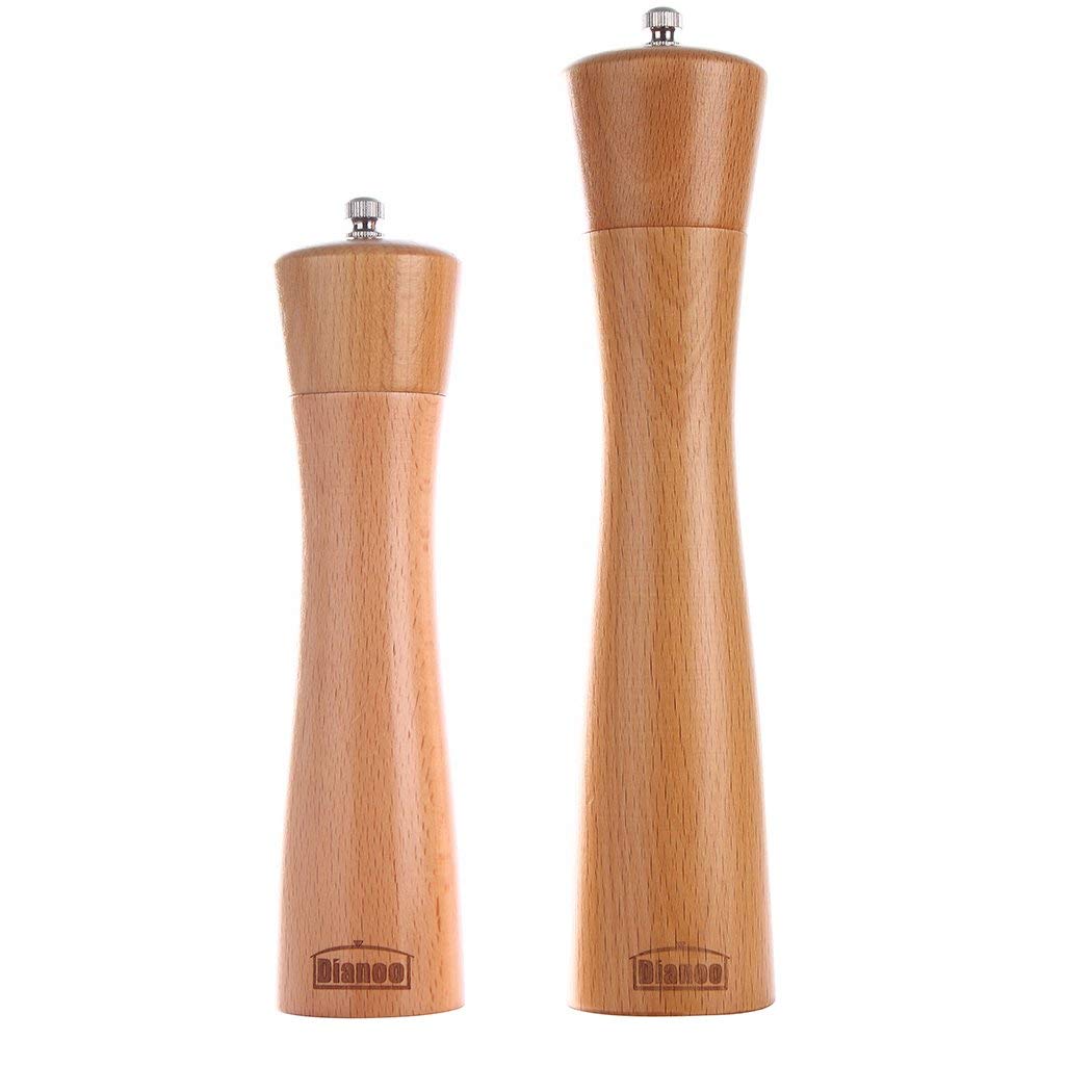 2PCS Dianoo Wood Pepper Grinder Salt And Pepper Mill Set Wooden Adjustable Shakers with Ceramic Core 8 Inch And 10 Inch